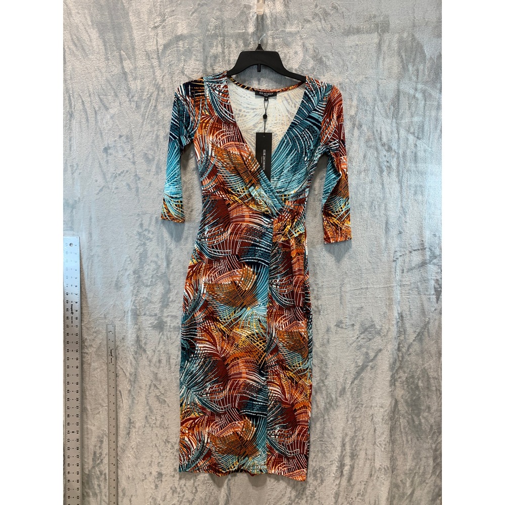 Ilse Jacobsen Women's Redwood Tropical Palm Faux Wrap Dress Jersey Midi XS NEW